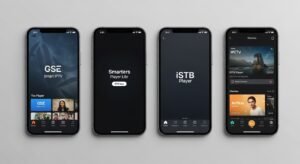 Comparação visual das interfaces das melhores aplicações para usar IPTV no iPhone: GSE, Smarters, iSTB e VLC.