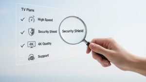 Ilustração de verificação de segurança e qualidade ao escolher fornecedores de IPTV.