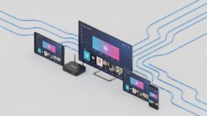 Vários dispositivos compatíveis com IPTV como Smart TV, Box Android e Smartphone ligados à internet.