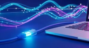 Ilustração de um portátil ligado via cabo para garantir estabilidade no IPTV no PC.