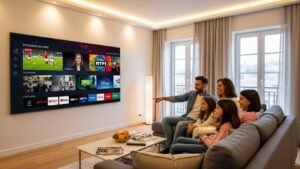 Canais IPTV Portugal exibidos numa Smart TV com conteúdos nacionais e internacionais