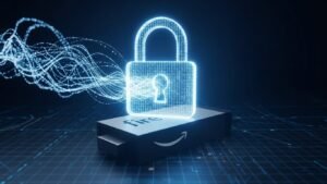 Ilustração de um cadeado digital a proteger o logótipo de um Fire Stick, simbolizando a segurança e privacidade que uma VPN oferece ao streaming de IPTV.