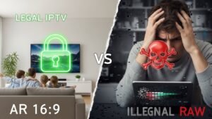 Comparativo visual entre IPTV legal e ilegal. O lado esquerdo mostra uma experiência segura e de alta qualidade, enquanto o lado direito ilustra os riscos de segurança e a má qualidade da pirataria.