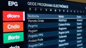 Close-up de um guia de programação eletrónico (EPG) bem organizado numa TV, uma funcionalidade importante para uma boa configuração de iptv.
