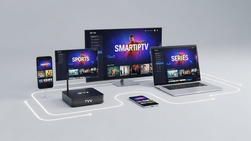 Uma colagem de dispositivos (Smart TV, TV Box, smartphone) a executar uma interface de IPTV, ilustrando a flexibilidade da configuração de iptv em múltiplos ecrãs.