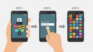 Infográfico com 3 passos que ensina como instalar IPTV no Android: escolher um aplicativo na Play Store, adicionar a lista de canais (URL) e, finalmente, ver a grelha de canais pronta a usar.