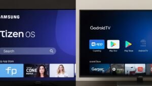 ontagem de fotos a comparar a loja de aplicações de uma Smart TV Samsung com a Google Play Store de uma Android TV, um passo chave na configuração de iptv.