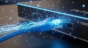 Cabo Ethernet ligado a uma TV Box com efeitos de luz representando alta velocidade.