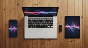 Smartphones, tablets e sticks de streaming organizados numa secretária.