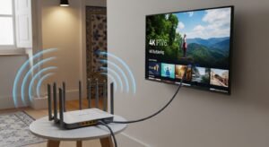 Configuração ideal com roteador Wi-Fi 6 e cabo Ethernet para IPTV sem travamentos.