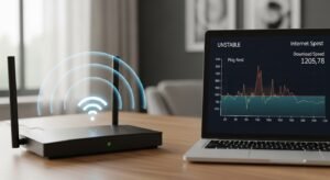 Teste de velocidade da internet mostrando instabilidade que causa IPTV a travar.