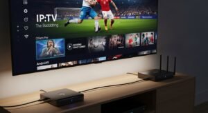 Box Android ligada por cabo Ethernet melhorando estabilidade do IPTV.