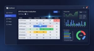 Painel de avaliação com critérios técnicos para escolher um serviço IPTV estável.
