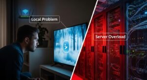 Comparação visual entre problema local de internet e sobrecarga do servidor IPTV.