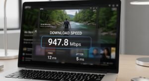 Teste de velocidade mostrando ping e jitter para IPTV estável.