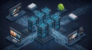 Infraestrutura técnica de servidores IPTV conectados a dispositivos domésticos