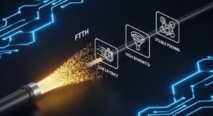 Ilustração técnica de fibra ótica demonstrando transmissão de dados sem perdas para serviços de vídeo.