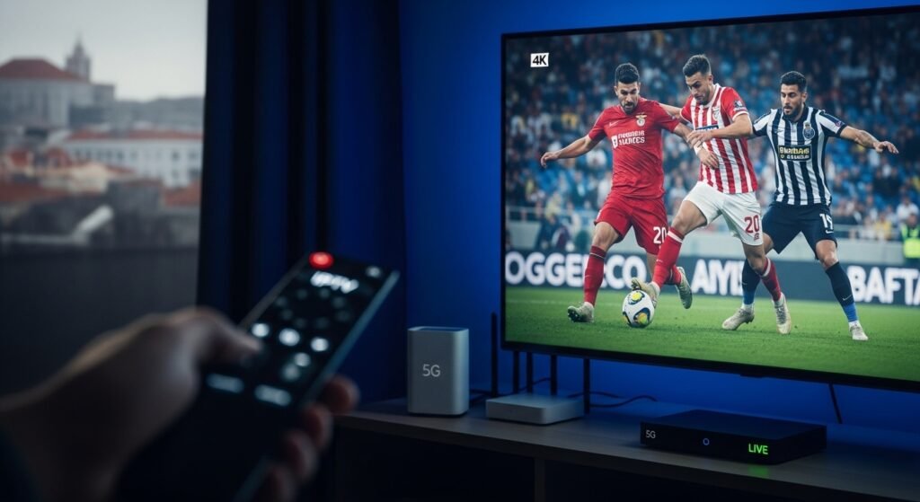 Uma Smart TV exibindo um jogo de futebol da Liga Portuguesa em alta definição (4K), com um comando remoto em primeiro plano, num ambiente acolhedor em Lisboa, representando o serviço de IPTV futebol Portugal.