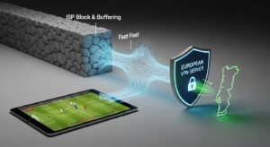 Ilustração conceitual mostrando pilhas de moedas de Euro equilibradas com um holograma de conteúdo de TV 4K premium.