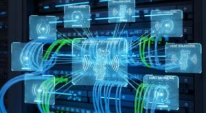 Visualização abstrata de servidores IPTV de alta tecnologia em Portugal com fluxos de dados estáveis e tecnologia anti-travamento.