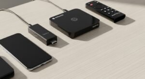 Coleção de dispositivos compatíveis com IPTV, incluindo Fire Stick, Android Box e smartphone.