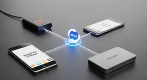 Uma composição minimalista mostrando um link M3U central ligando-se a um Fire Stick, smartphone e Android Box, ilustrando o processo de instalação de IPTV.