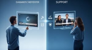 Ilustração de um utilizador comparando uma transmissão de canais portugueses iptv lenta com uma fluida, mostrando ícones de diagnóstico.