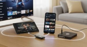 Uma Smart TV, um tablet, um smartphone e um Fire Stick sincronizados, demonstrando a compatibilidade multi-dispositivo de um serviço IPTV.