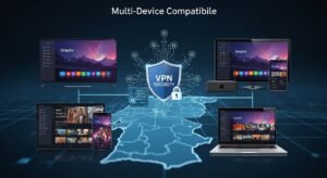 Uma colagem ilustrativa mostrando vários dispositivos (Smart TV, box Android, smartphone) acedendo ao mesmo serviço de IPTV Premium de forma segura, protegida por um ícone de escudo de segurança VPN.