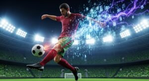 Ilustração digital dinâmica de um jogador de futebol e fluxos de dados de internet, simbolizando a transmissão de desporto via IPTV.