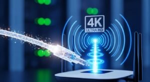 Um cabo de fibra ótica brilhante ligando-se a um router moderno, simbolizando a velocidade necessária para streaming IPTV 4K sem travamentos.