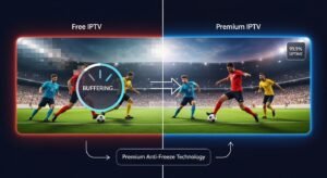 Uma comparação visual: o lado esquerdo mostra uma transmissão de IPTV de má qualidade com buffering, e o lado direito mostra uma transmissão Premium 4K estável e nítida com tecnologia anti-congelamento.