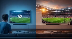 Comparação entre uma transmissão de TV com buffering (bloqueio) e uma imagem fluida em 4K.