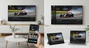 Exemplo de IPTV funcionando simultaneamente numa Smart TV, smartphone Android, tablet e computador portátil.