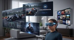 Uma pessoa usando óculos de realidade aumentada com várias telas de IPTV flutuantes, mostrando recomendações de IA e múltiplas visualizações.