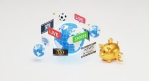 Ilustração 3D mostrando ícones de desporto, filmes e poupança de dinheiro, representando a diversidade e economia do serviço IPTV.