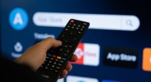 Utilizador a pesquisar pelo net iptv na loja de aplicações de uma televisão moderna utilizando um comando remoto.