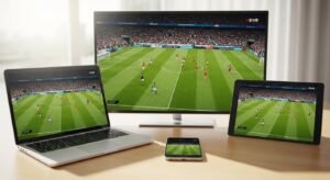 Vários dispositivos eletrônicos (TV, tablet, telemóvel) exibindo o mesmo conteúdo simultaneamente, demonstrando a versatilidade do IPTV