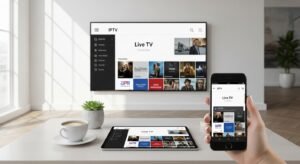 Uma Smart TV, um tablet e um smartphone exibindo o mesmo aplicativo de IPTV, demonstrando a compatibilidade entre dispositivos.