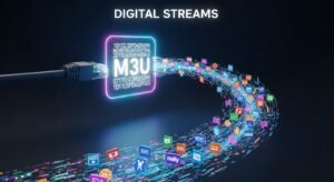 Ilustração conceitual de dados digitais transformando-se em conteúdo de vídeo através de uma conexão de internet.
