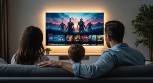 Família feliz a assistir a um filme com alta qualidade de streaming após configurar o net iptv na televisão da sala.