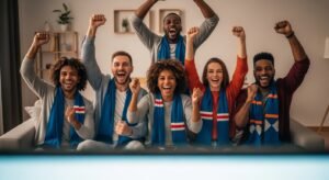 Grupo de amigos a desfrutar de um jogo de futebol fluido através de listas iptv portugal actualizadas sportv.