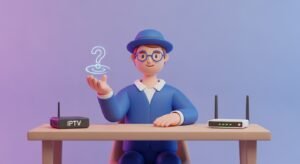 Personagem digital 3D amigável com um ícone de interrogação, representando o suporte e a clarificação de dúvidas frequentes sobre o sistema de TV por internet.