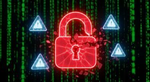 Cadeado digital vermelho a quebrar-se, ilustrando os perigos de malware, vírus e falta de segurança nas listas públicas de IPTV.