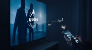 Um ecrã de TV mostrando um ícone de buffering carregando, ilustrando problemas comuns de lentidão no IPTV Extreme.