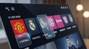 Interface gráfica digital mostrando canais desportivos e listas m3u desportivas atualizadas.