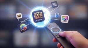 Interface digital flutuante com ícones de filmes em 4K e esportes globais, representando a vasta gama de canais disponíveis.