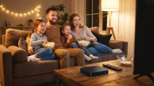 Família feliz no sofá a assistir a um filme reproduzido por uma iptv box sem interrupções.