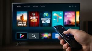 Interface de utilizador clara e moderna de um aparelho IPTV box sendo navegada com um comando.