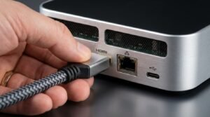 Configuração e detalhe das portas de ligação traseiras de uma iptv box, incluindo cabo HDMI e Ethernet.